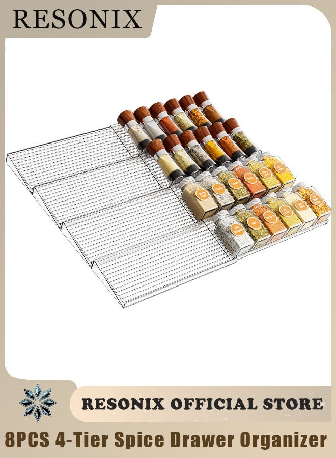 RESONIX 8PCS Spice Drawer Organizer, 4-Tier Expandable Rack for Kitchen Drawers (28–56cm), Slanted Seasoning Jar Storage Tray, Cabinet Insert Set - Image 1